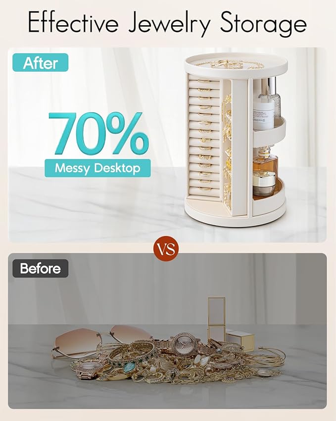 Vlando 360°Rotating Jewelry Box,Earring Organizer Large Vertical Jewelry Organizer with 6 Necklace Hooks, Open Ring Display S