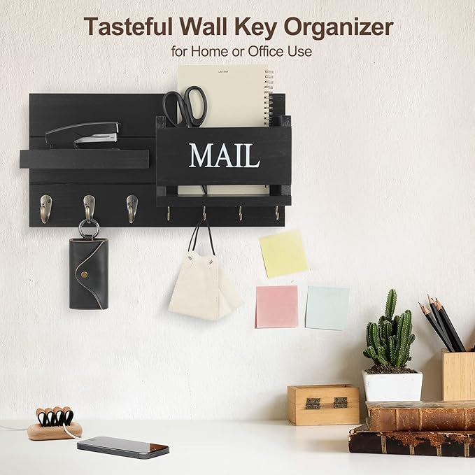 Lwenki Mail Organizer for Wall Mount – Key Holder with Shelf Includes Letter Holder and Hooks for Hallway Farmhouse Decor – R
