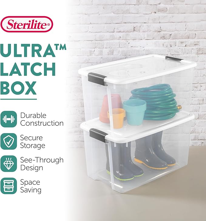 Sterilite 24-Pack Ultra Latching Box, Storage Bins with Lids, Clear Plastic, 70 Quart - Heavy-Duty Organizing Containers for 