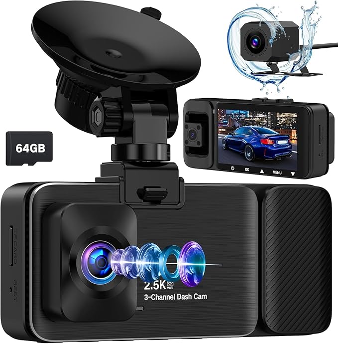 3 Channel Dash Cam Front and Rear Inside, 2.5K Dash Cam, APP Control, Night Vision, 3" IPS Screen, Built-in Wi-Fi, G-Sensor, 