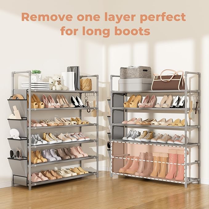 LANTEFUL 6 Tier Shoe Rack Storage for 24-30 Pairs Shoe and Boot, Shoe Organizer with Hook and Side Pocket Free Standing Long 