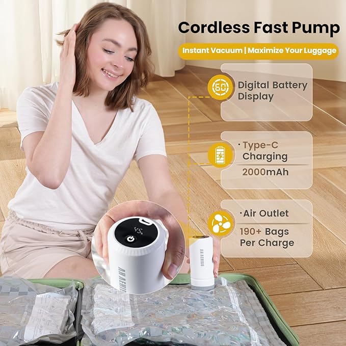 Vacuum Bags for Travel with Rechargeable Digital Display air Pump,18 PCS Combo Travel Size Vacuum Seal Bags for Luggage and S