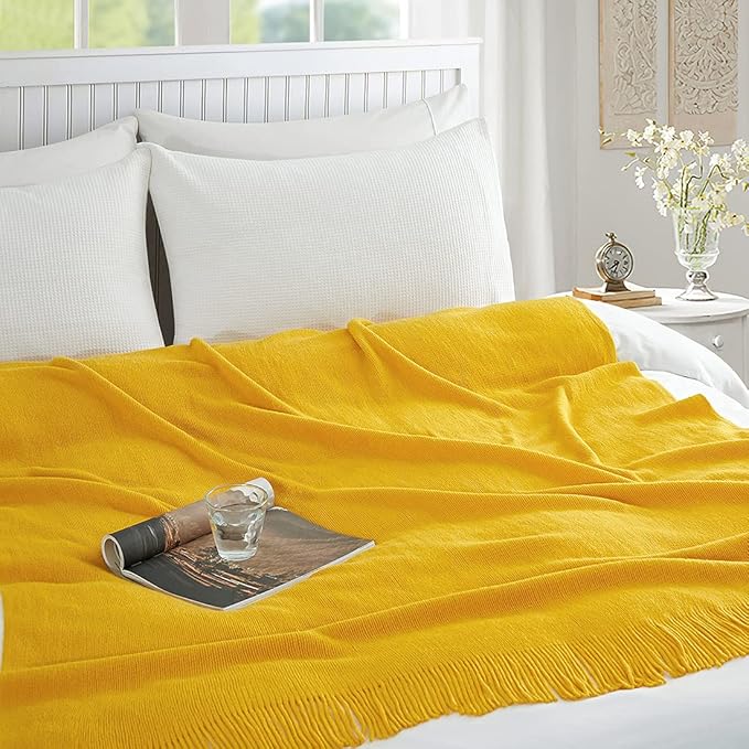 Homiest Decorative Knitted Throw Blanket with Fringe Soft & Cozy Tassel Blanket for Couch Sofa Bed (Mustard Yellow, 50x60)
