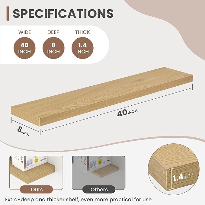 40 Inch Floating Shelves, 8 Inch Deep Floating Shelves for Wall, Hanging Shelf with Invisible Brackets, Deep Shelves for Bath