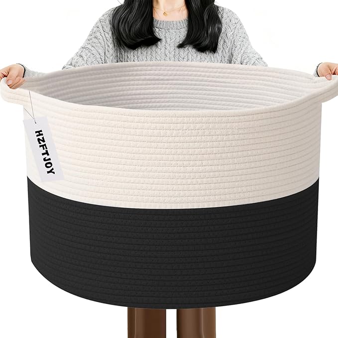 65L Large Blanket Basket,Cotton Rope Woven Storage Basket with Handles, Laundry Hamper for Toys, Clothes, Pillows & Towels, P