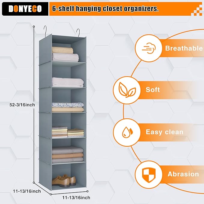 Hanging Closet Organizer and Storage 6-Shelf, Easy Mount Foldable Hanging Closet Wardrobe Shelves, Clothes Handbag Shoes Acce