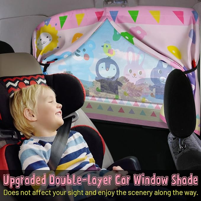 Car Window Shade for Baby, 2pcs Magnetic Auto Sun Shades for Side Windows Double Layer Full & Half Shade Options, Cute Patterns Car Window Curtains for Sun Glare Block