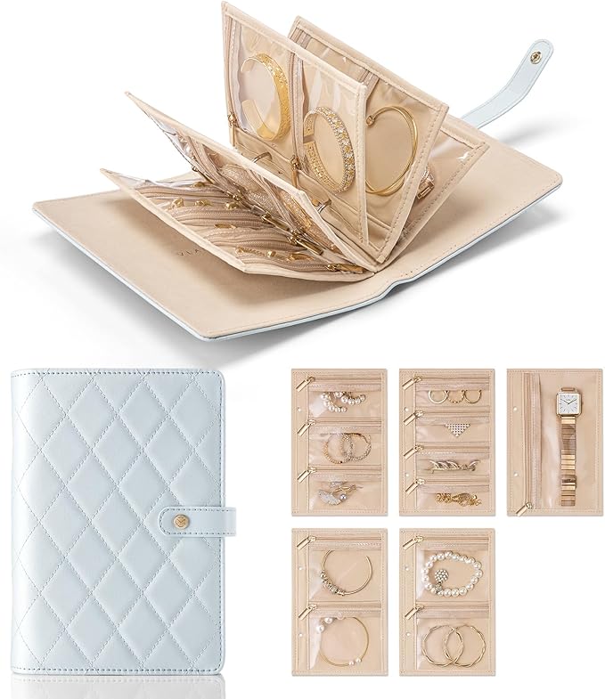 Vlando Travel Jewelry Organizer Case, Foldable Jewelry Bags Jewelry Storage Book Ring Binder with Clear Zipper Velvet Pouch B