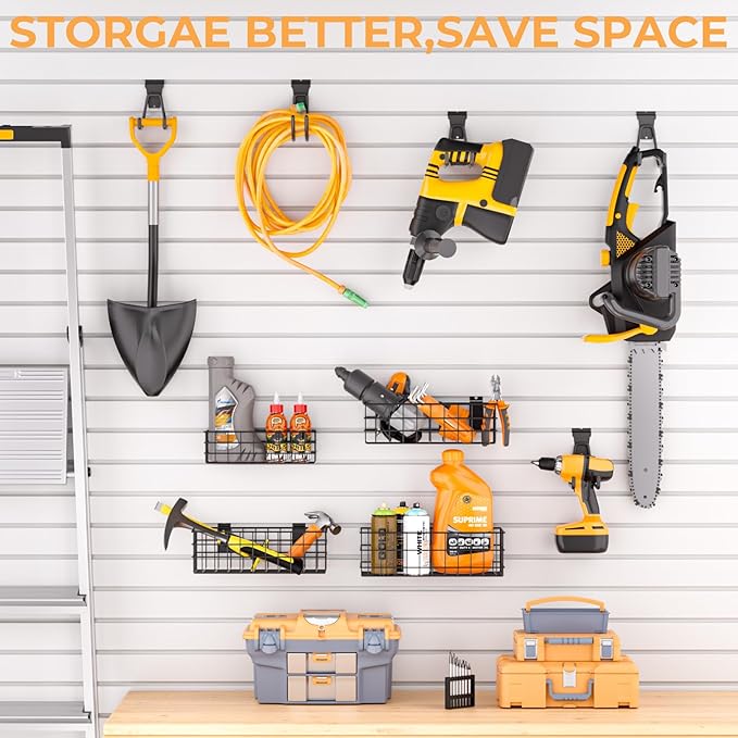 INCLY 30PCS Slatwall Accessories Set, Includes 4 Pack Ventilated Metal Wire Slatwall Baskets and 26PCS Multisized Heavy Duty 