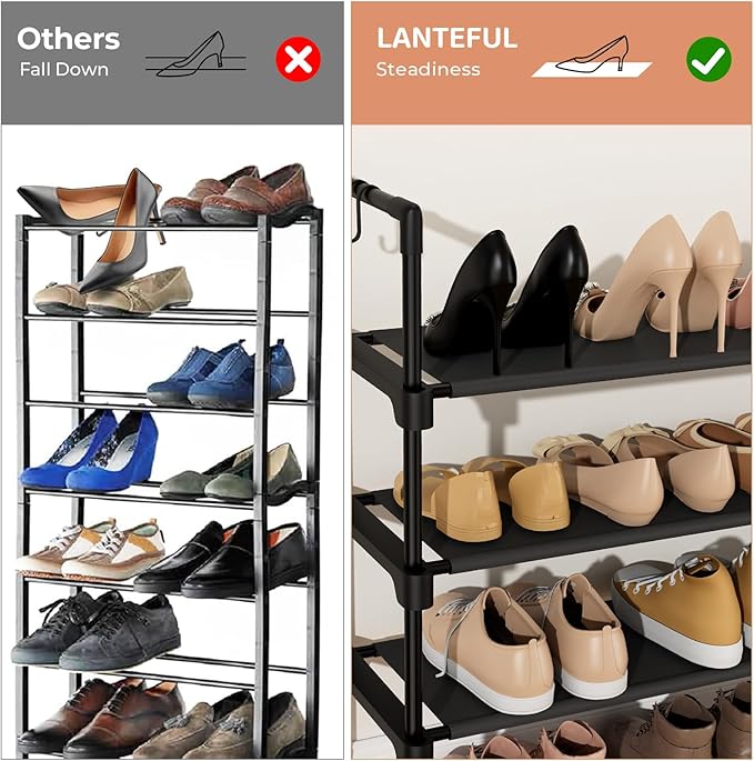 LANTEFUL 6 Tier Shoe Rack for Closet Shoe Organizer with 5 Hooks, Long Shoe Shelf Storage for Shoe and Boot Stackable Free St