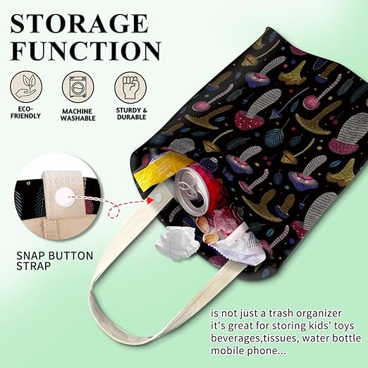 Car Trash Can, Cute Car Trash Bag, Hanging Car Organizer and Storage Bag, Trash Bin for Car Accessories, Vehicle, Travelling, Camping Colorful Boho Mushroom