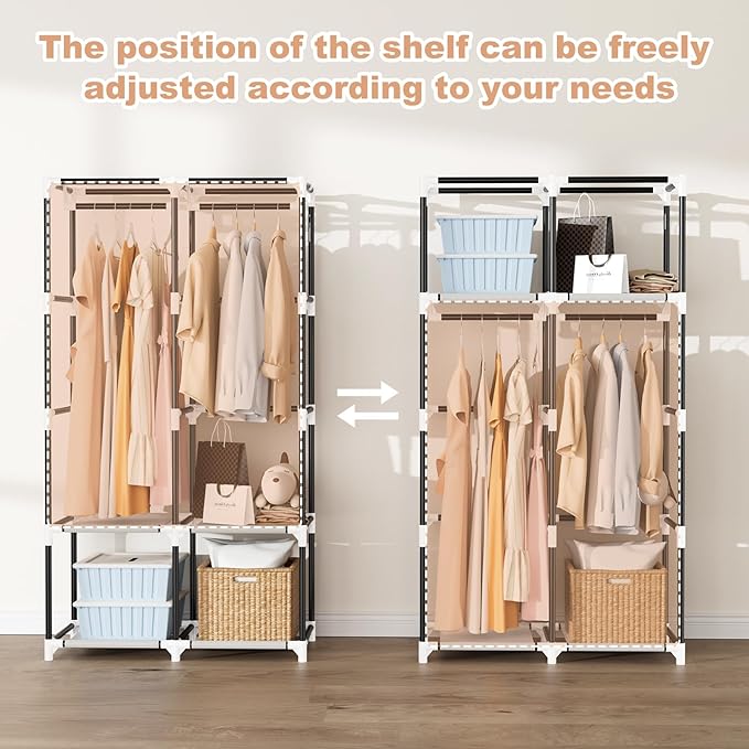 Portable Closet for Hanging Clothes, Portable Wardrobe Closet with Cover, 4 Storage Shelves, 2 Hanging Rods and 8 Side Pocket