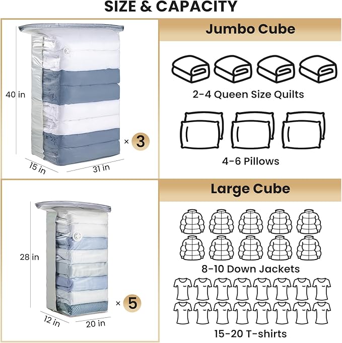 TAILI 8 Pack Vacuum Storage Bags, Cube Combo Space Saver Bags (3 Jumbo +5 Medium), Vacuum Seal Bags for Clothing, Bedding, Co