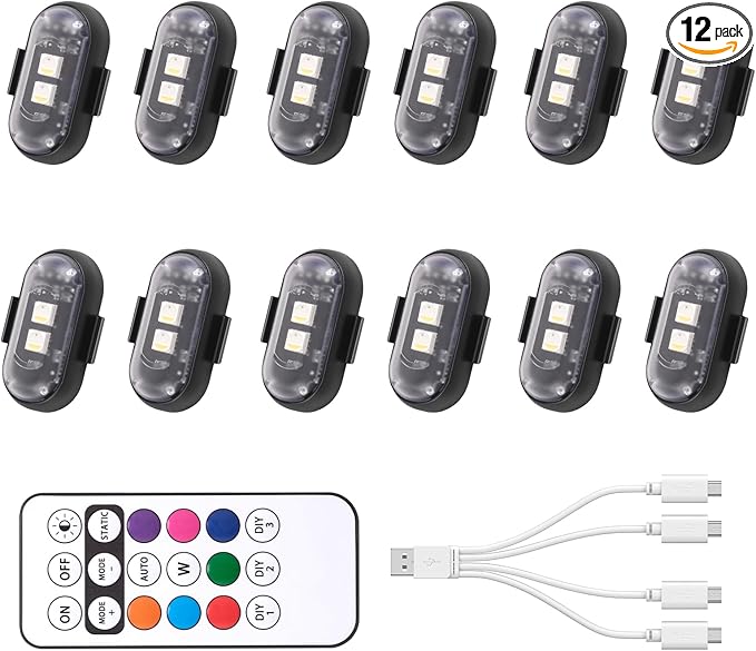 Wireless LED Strobe Light with Remote Control,8 Colors Waterproof Anti-Collision USB Charing Led Warning Lights,High Brightness Wireless LED Lights for Car Drone Truck Motorcycle Aircraft Bike (12)