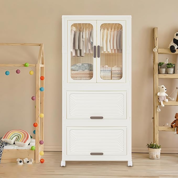 Portable Wardrobe Closet with Wheels 3-Tier Foldable Storage Cabinet Hanging Organizer with 10 Hangers Easy Assembly for Kids
