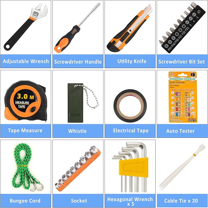 AUTODECO 98 PCS Roadside Car Emergency Assistance Kit with Portable Air Compressor Jumper Cables Safety Hammer All in One Pli