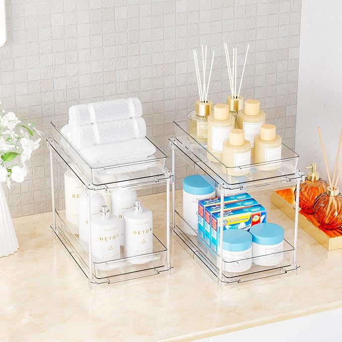 Yieach 2 Pack 10.6″ High Pull Out Medicine Cabinet Organizer for Vitamin,Pill Bottle and Supplement,2 Tier Slide out Under th