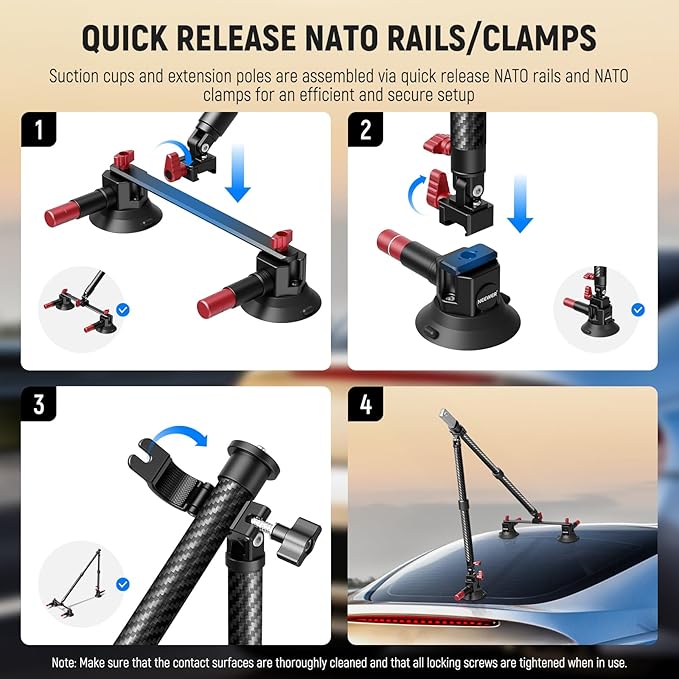 NEEWER Triple Suction Cup Car Mount Kit, Carbon Fiber Camera Mount with Action Camera Adapter, NATO Rail & 24"/60cm Extension Pole Compatible with GoPro Insta360, 2.2lb/1kg Max Load, CA136
