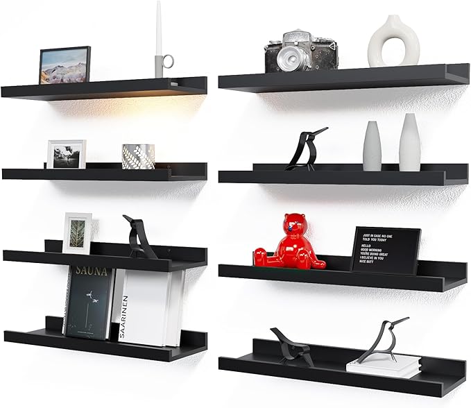 RICHER HOUSE Floating Wall Mounted Shelves, 8pc Set with Lip - Black Nursery Book Shelves for Bedroom, Bathroom, Kitchen Deco