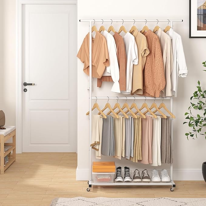 Sywhitta Double Rod Clothing Garment Rack, Rolling Coat Hanger with Bottom Mesh, Clothing Rack for Hanging Clothes, Coats, Sk