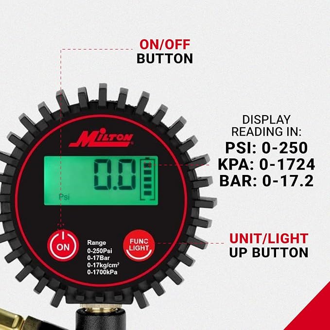 Milton 507KIT Digital Tire Inflator Car Accessories w/Accurate Air Tire Pressure Gauge, 14” Rubber Air Hose – 250 PSI, Brass Lock-On Clip Air Chuck and Compressor Accessories