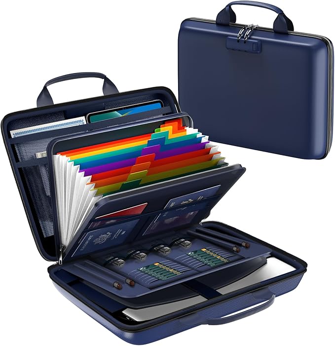Fireproof Document Box, Hard Case Fireproof File Organizer Box with Lock and 13 Pocket Accordion File Folder, Portable Safe B