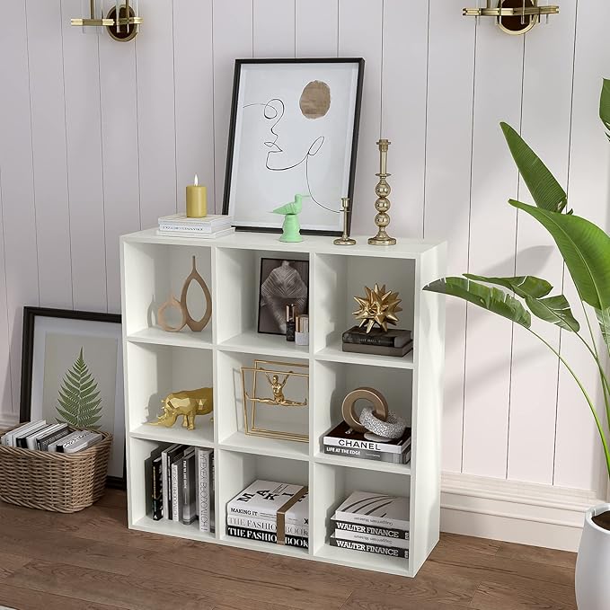 OSCHF 9-Cube Storage Shelf Bookcase - Wooden 3-Tier Floor Standing Open Bookshelf for Home and Office, Display Cabinet, Warm 