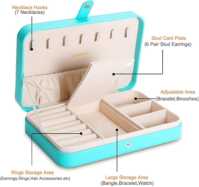 LANDICI Small Jewelry Box for Women Girls, PU Leather Travel Jewelry Organizer Case, Portable Jewellery Storage Holder Displa
