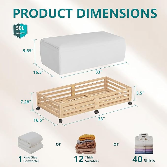 Wisuce Bamboo Under Bed Storage Containers- Underbed Organizer with Wheels with Large Dust Bag,Sturdy Wood Rolling Under the 