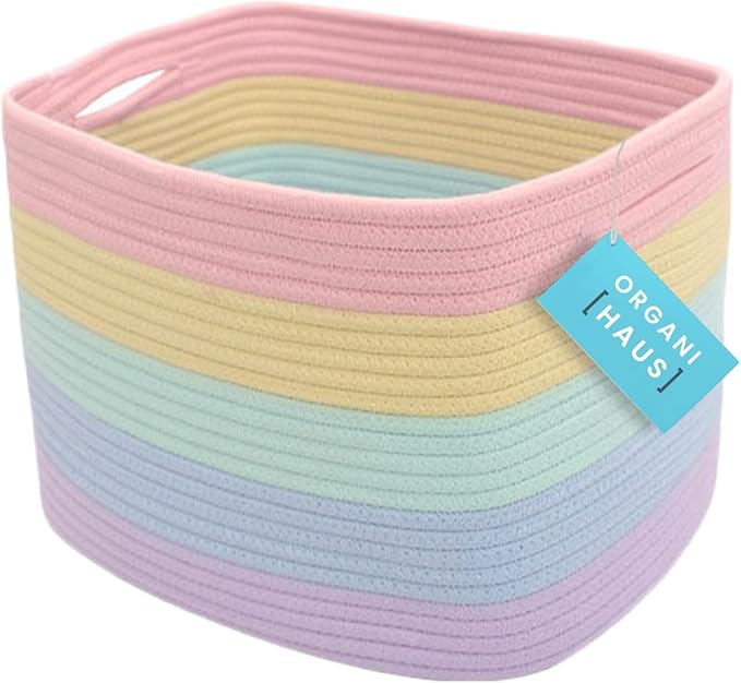 OrganiHaus Pastel Rainbow Basket - Colorful Woven Storage Basket for Playroom, Nursery & Classroom Decor & Toy Storage, 15x9x