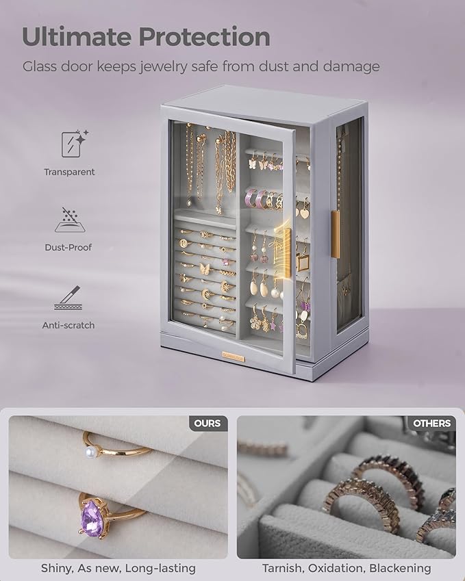 Glimmloop 360° Rotating Jewelry Box with 7 Drawers, Spacious Vertical Jewelry Organizer with Glass Window, Jewelry Storage Ca