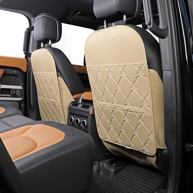 Seat Back Protector + Large Capacity Pocket Storage Organizer,Preventing The Impact of Children Stepping on The Seat Backrest (Style B-Beige)