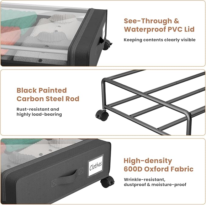 Under Bed Storage Containers with Clear Lid, Large Under Bed Storage with Wheels,6.22"H Under Bed Containers Rolling Under Be