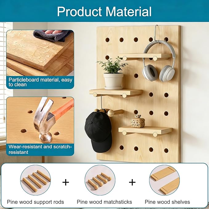 HJZALMI Pegboard Wall Organizer, Wood Pegboard Combination Kit with Shelves & Hooks, Modular Peg Board Panels Storage System 