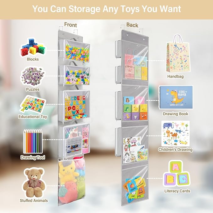 Woodoulogy Hanging Toy Storage over Door, Block Stuffed Animal Organizer Idea with 4 Removable Case Bag, Bi-Fold Closet Holde