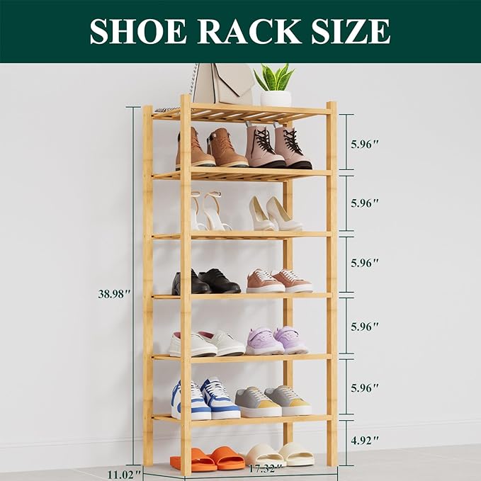 Smiry Shoe Rack, 6 Tier Thick Small Bamboo Shoe Organizer, Stackable Free Standing Wooden Shoe Storage Shelf for Closet, Entr