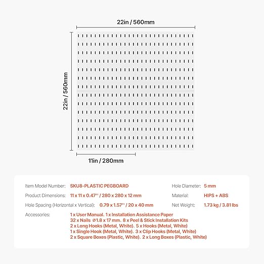 VEVOR Pegboard Combination Kit, 11" x 11" Plastic Pegboard, 4 Panels, Peg Board Wall Organizer Kit with Accessories, for Gara
