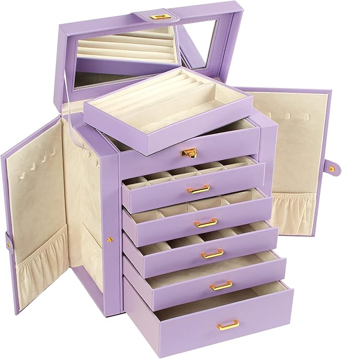 AKOZLIN Large Jewelry Box Organizer Functional with Big Mirror, Leather Jewelry Storage Case for Women Girls Ring Necklace Ea