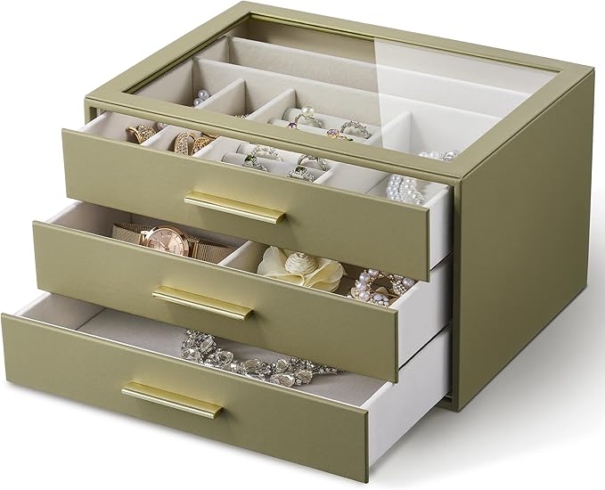 Jewelry Box Organizer Case for Women: 3-Layer Jewelry Storage Case with Glass Window, Olive Green Leather with Cream Velvet, 