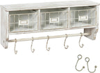 BizChair Wall Mounted Storage Rack - Whitewashed Solid Pine Wood - 24 Inch - Upper Shelf - 5 Hooks - Wire Baskets - For Entry