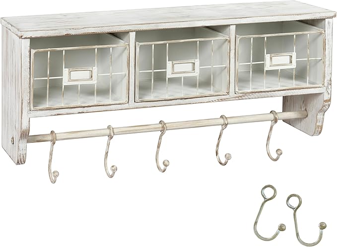 BizChair Wall Mounted Storage Rack - Whitewashed Solid Pine Wood - 24 Inch - Upper Shelf - 5 Hooks - Wire Baskets - For Entry