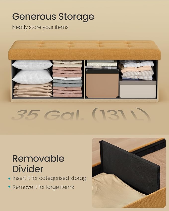 SONGMICS Mazie Collection - Storage Ottoman Bench, 43 Inches Folding Foot Rest Stool, End of Bed Bench, Easy Assembly, for Li
