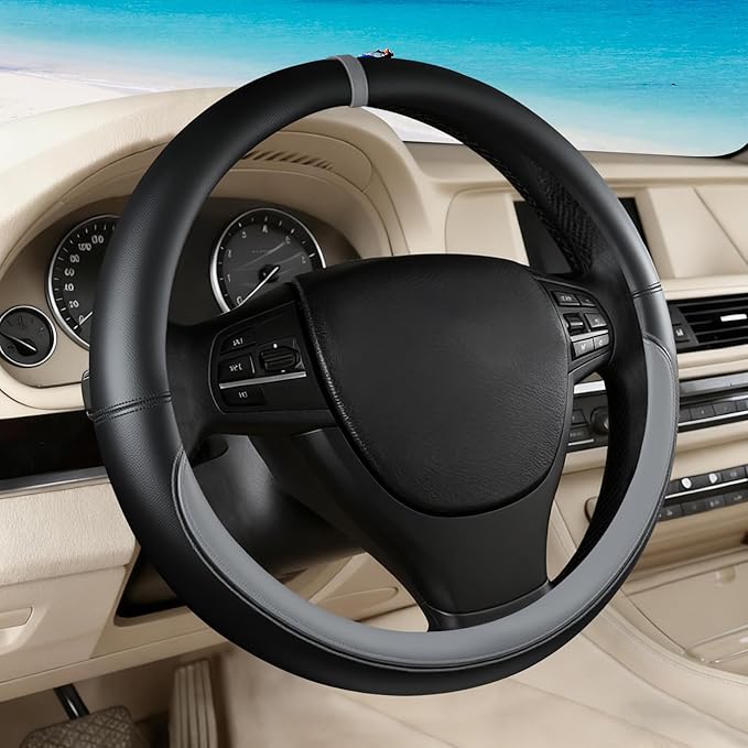 Black Gray Car Steering Wheel Cover, Nappa Leather, Bottom Color Blocking, Universal 14.5-15 Inch Leather Anti-Slip Breathabl