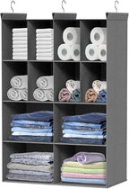 Ofiray-home 4 Tier Hanging Closet Organizer, 12 Compartments Sweater Organizer for Closet with 3 Sturdy Hooks, Closet Organiz