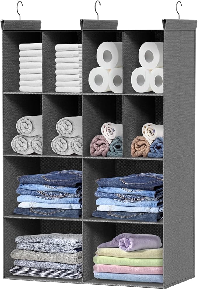 Ofiray-home 4 Tier Hanging Closet Organizer, 12 Compartments Sweater Organizer for Closet with 3 Sturdy Hooks, Closet Organiz