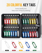 Uniclife Steel Key Cabinet Wall Mounted Organizer - 28 Keys, 2 Unlocking Keys - Black Frosted Security Box with Hooks and Col