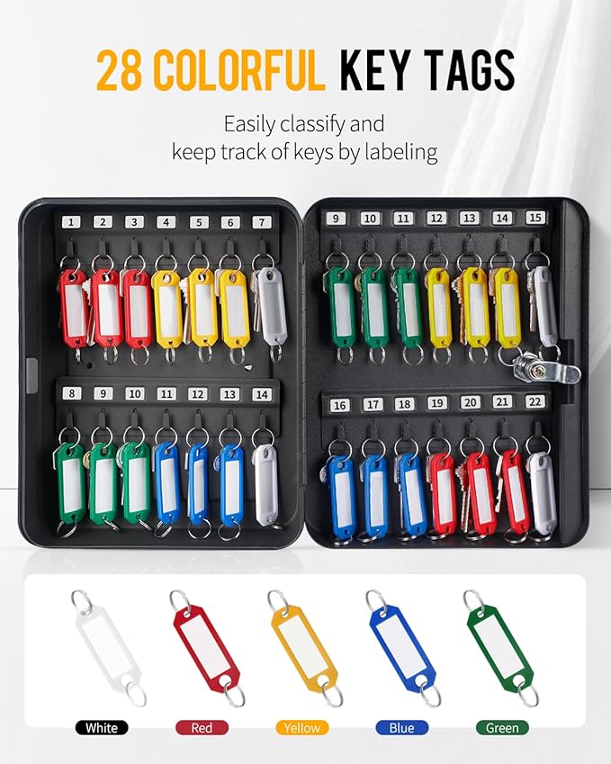 Uniclife Steel Key Cabinet Wall Mounted Organizer - 28 Keys, 2 Unlocking Keys - Black Frosted Security Box with Hooks and Col