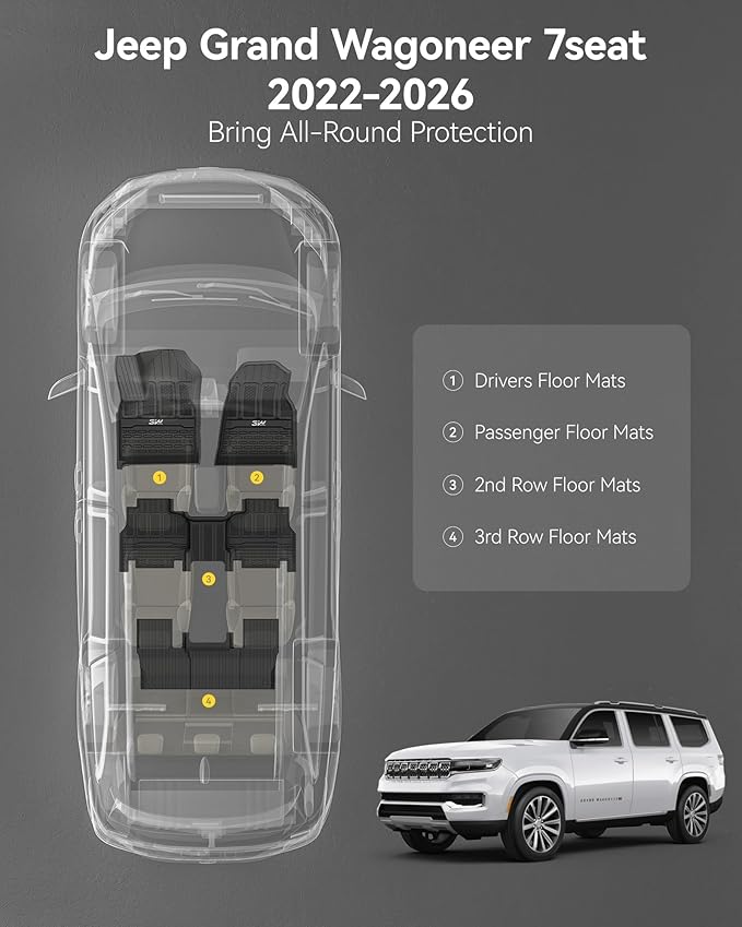 3W Floor Mats Fit for Jeep Grand Wagoneer/Grand Wagoneer L 2022-2025 2026 7 seat(Not Fit for 8 seat), All-Weather TPE Custom Fit Wagonner Floor Liner for 1-3 Rows Full Set Car Mats