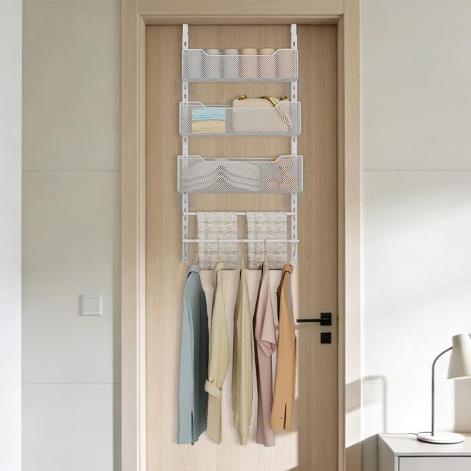 VyGrow Over the Door Storage Organizer with 3 Tier Mesh Baskets 2 Hanging Rods, 2 Mounting Options, Heavy Duty Clothes Hanger