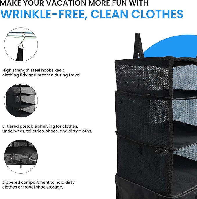 Grand Fusion Stow-N-Go Packing Organizer for Luggage, Portable Hanging Travel Shelves, Carry-On Closet, Hanging Packing Cubes